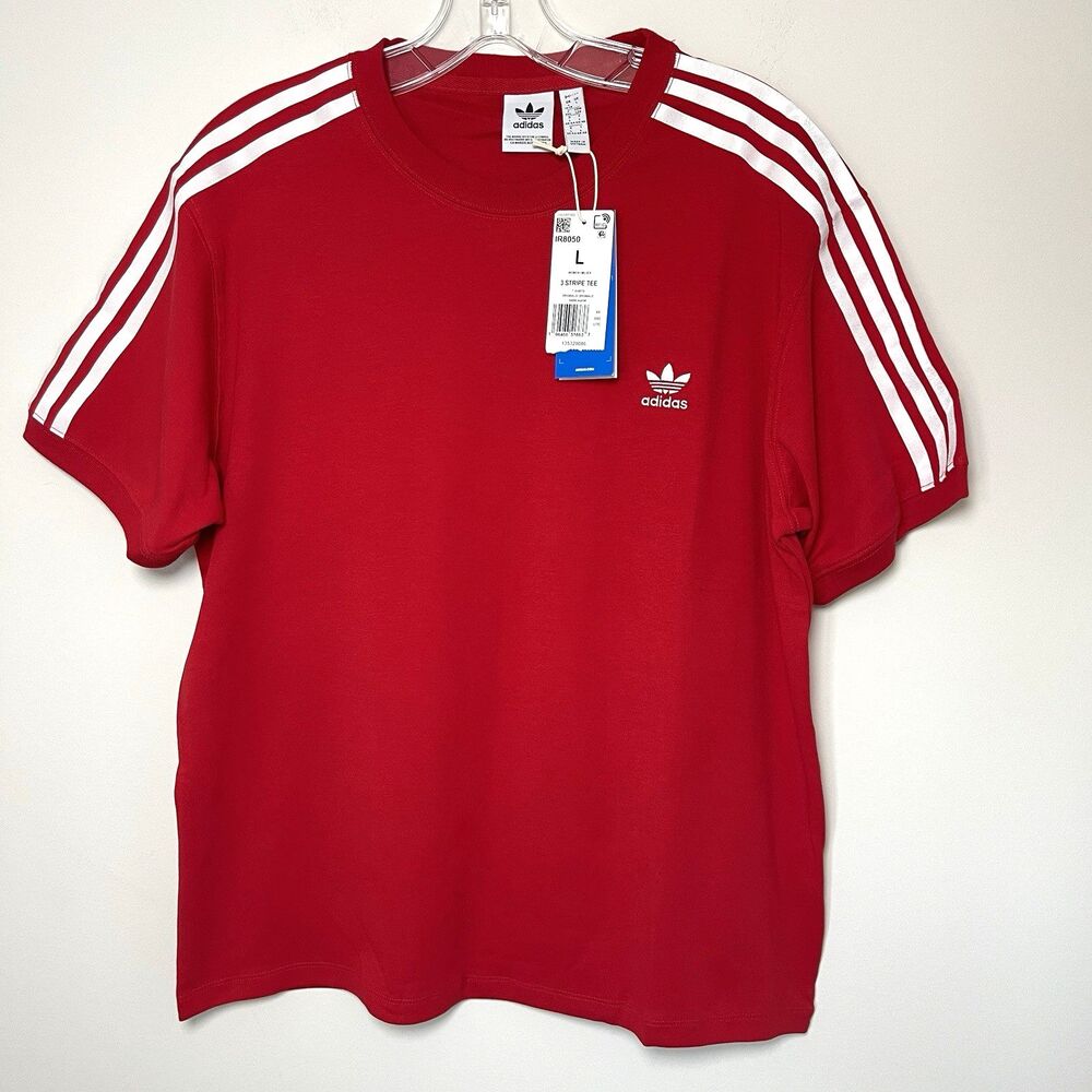 Adidas Originals Women’s Satin 3-Stripes Relaxed Tee T-shirt Red Sz Large